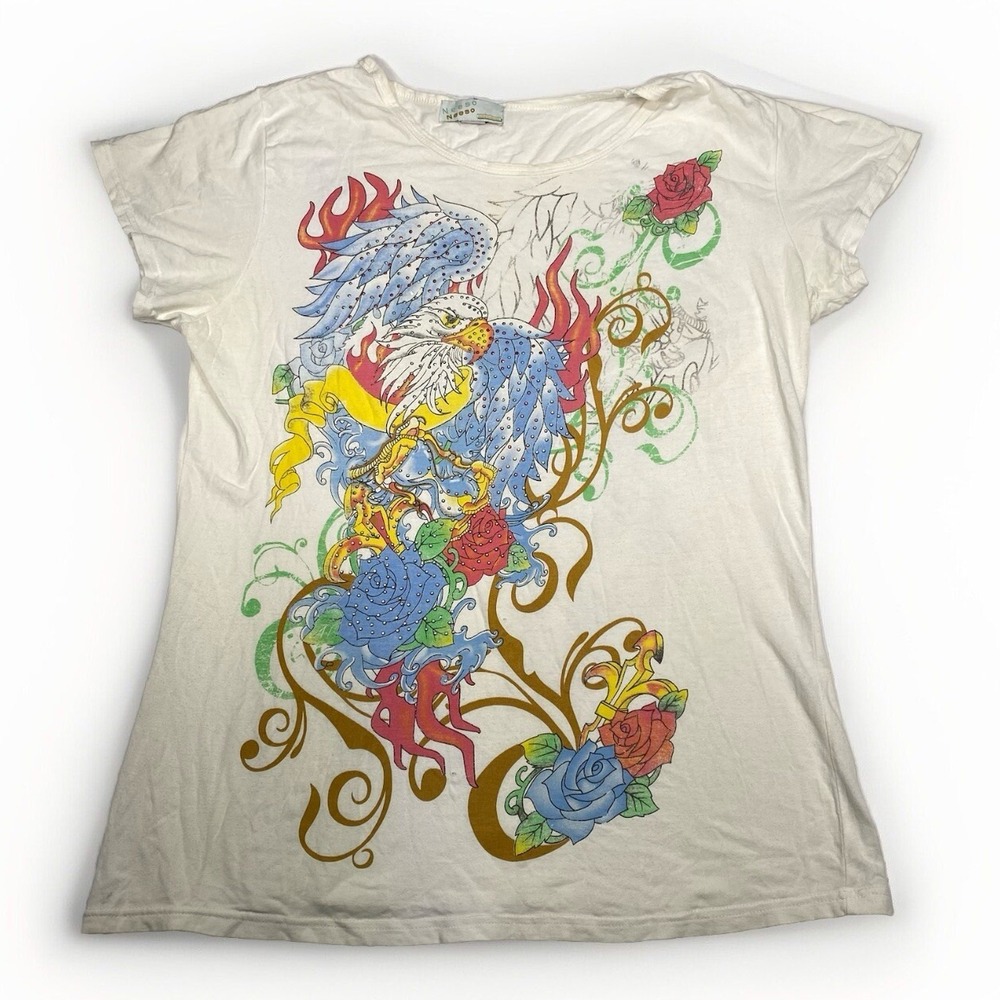 VTG Y2K Cyber Jeweled Eagle And Roses T-shirt White Studded Size 3X